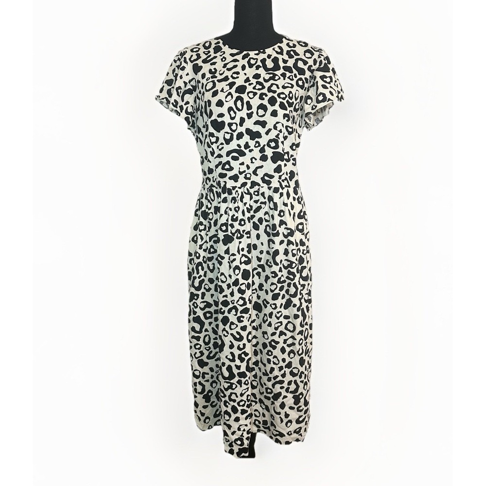 Who What Wear Linen Blend Leopard Ivory Black Flutter Sleeve Midi‎ Dress SMALL